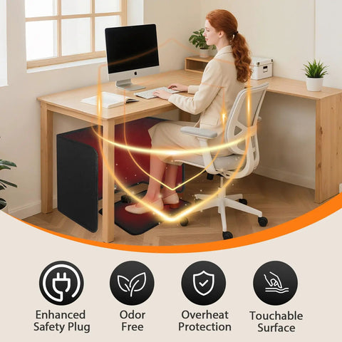 Foot Warmer With Heated Floor Mat For Home Office, Portable Space Heater With 12H Timer And 8 Heat Levels shown under desk