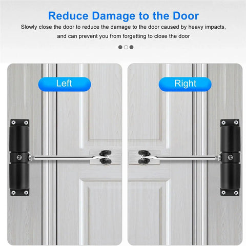 Automatic Door Closer Quiet Aluminum Alloy Self Closing Mechanism Spring in left and right door installation views.