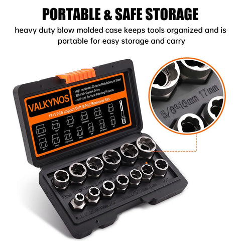 14 Piece Bolt Extractor Set For Stripped Rusted And Damaged Bolts With Hex Drive in portable molded case showing 14 sizes