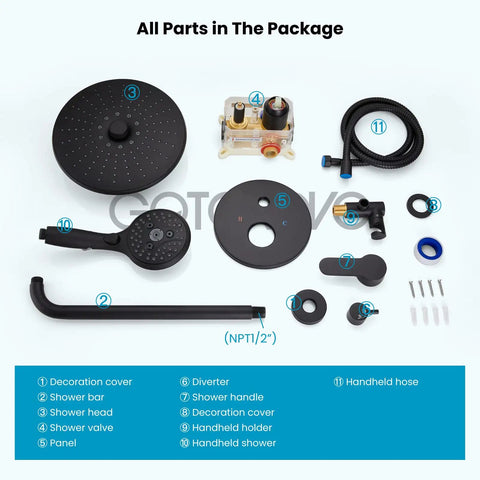 10 Inch Round Rainfall Shower Head Kit With 3 Modes And 6 Function Handheld Spray Wall Mounted System Includes Pressure Balanced Valve And Trim Included Matte Black, showing all parts in the package