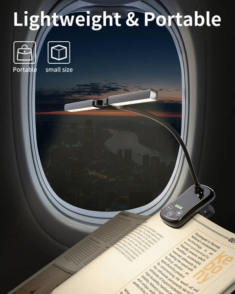 Rechargeable Clip On Reading Light With 14 LEDs, 3 Color Modes And 8 Brightness Levels attached to book, airplane window