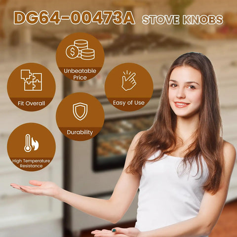 Woman pointing at features of Beefed-Up DG64-00473A Top Burner Dial Knobs for Samsung Range Ovens with text overlays