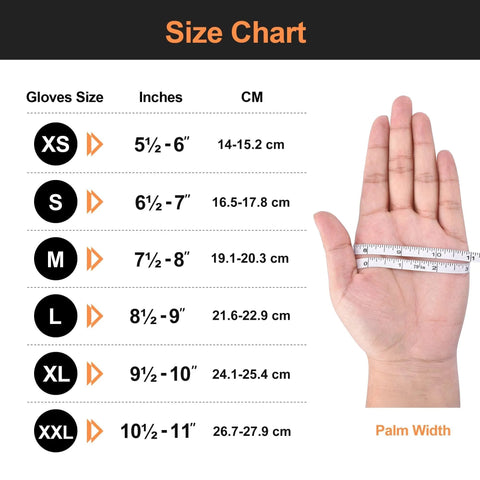 TitanFlex orange nitrile gloves size chart with a hand measuring palm width using a tape measure (front view)