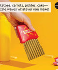 OTOTO Frizzle Crinkle Fry Cutter, red handheld kitchen tool with metal blades, side view