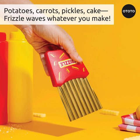 OTOTO Frizzle Crinkle Fry Cutter, red handheld kitchen tool with metal blades, side view