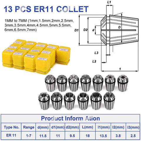13 ER11 collets set from Beefy 500W Air Cooled CNC Spindle Kit With 52mm Mount Clamp, Speed Controller, Mach3 Ready System for DIY Engraving