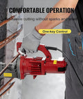 Powerful 1250W Electric Hydraulic Rebar Cutter in use, cutting 20 mm steel rods with one-key control for fast operation.