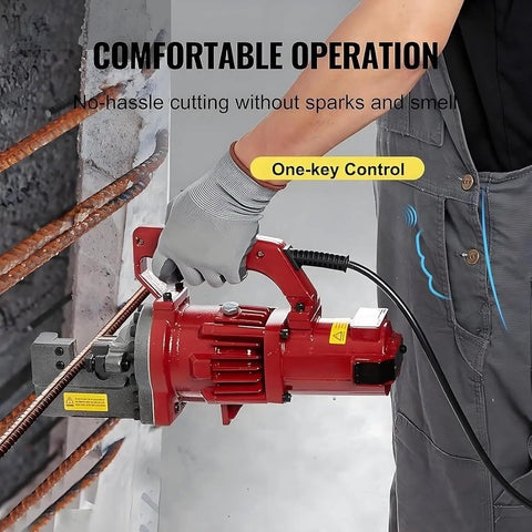 Powerful 1250W Electric Hydraulic Rebar Cutter in use, cutting 20 mm steel rods with one-key control for fast operation.