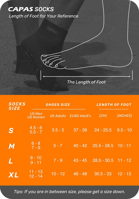 Size guide chart for 2Mm Neoprene Sand Socks For Men And Women, Sand Proof Beach Ready Socks For Volleyball And Water Sports.