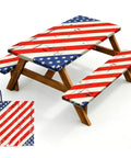 Vintage American Flag Picnic Table Cover Set With Bench Covers, Waterproof 72 By 30 Inch Outdoor Tablecloth With Elastic Edges