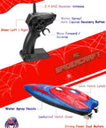 Spider Hero RC Boat 2.4GHz Remote Control Boat with LED Lights, showing remote and boat with spray function and battery slots.