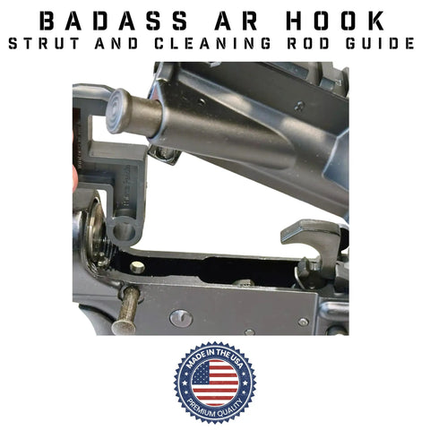 Badass AR Hook Strut And Cleaning Rod Guide Twin Pack for easy rifle maintenance, showcasing installation on AR-15, USA made.