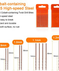 Cobalt-containing M35 high-speed steel twist drill bits set measurements with orange packaging.