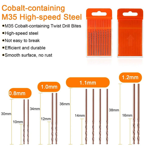 Cobalt-containing M35 high-speed steel twist drill bits set measurements with orange packaging.