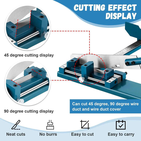 Cutting effect display for wire duct cutter tool showing 45 and 90 degree cuts, featuring adjustable width ruler for open slot PVC trunking.
