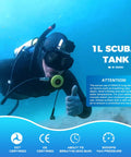Diver using Mini Scuba Tank 1L For Shallow Water Dives And Underwater Work with pressure gauge underwater