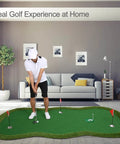 Real Deal Golf Putting Green Mat For Indoor Outdoor Practice 5x10ft Large in home setup with a man practicing putting.