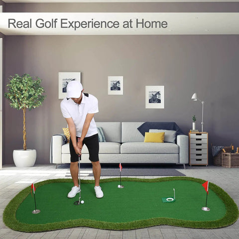 Real Deal Golf Putting Green Mat For Indoor Outdoor Practice 5x10ft Large in home setup with a man practicing putting.