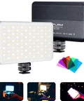 On-Camera Bi-Color LED Video Light With 6 Color Filters, Mini Rechargeable Lighting Panel 3200K-6500K, Dimmable, 1250 Lux, CRI95 Plus, 3100mAh Battery shown with color filters and DSLR setup.