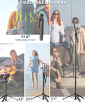 71 Inch Phone Tripod With Fill Light And Rechargeable Remote Aluminum Selfie Stick in use with different height examples