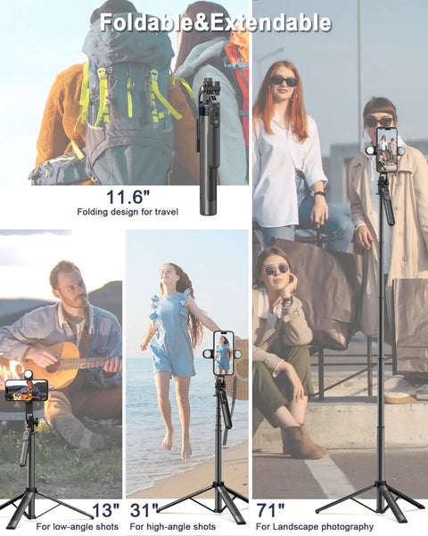 71 Inch Phone Tripod With Fill Light And Rechargeable Remote Aluminum Selfie Stick in use with different height examples