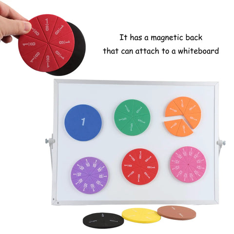 Magnetic Fraction Circles Set For Kids And Classrooms, 51 Pieces With 9 Color Coded Fractions on a whiteboard