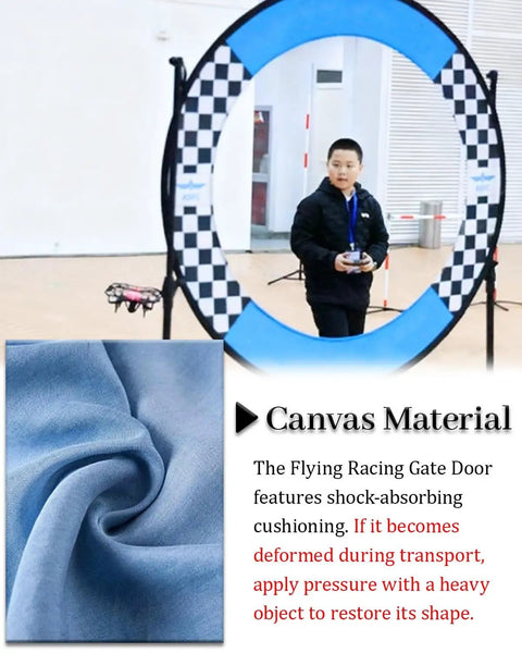 Child playing with Drone Obstacle Course Kit For Kids And Adults With Canvas Ring Hoops DIY Quadcopter Training Set.