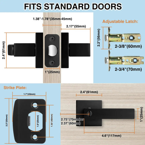 Matte Black Door Handle Set 6 Pack Keyless Interior Levers and Privacy Locks for Bedroom or Bathroom Heavy Duty Reversible for Left or Right Doors Sleek Modern Upgrade for Your Home with dimensions and parts details