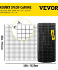 Roll of Rugged Vinyl Coated Galvanized Hardware Cloth Kit 36x50 with 1x1 Mesh against yellow product specifications sign