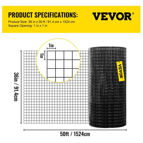 Roll of Rugged Vinyl Coated Galvanized Hardware Cloth Kit 36x50 with 1x1 Mesh against yellow product specifications sign