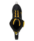 Top view of Macroblade 100 3WD Men's Fitness Inline Skates With High Cuff Support For Stability And Speed, black and saffron yellow design.