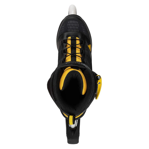 Top view of Macroblade 100 3WD Men's Fitness Inline Skates With High Cuff Support For Stability And Speed, black and saffron yellow design.