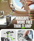 MagSafe Phone Holder for Air Travel mounted on airplane tray table, showing 360° rotation, compact foldable design for iPhone 12-16.