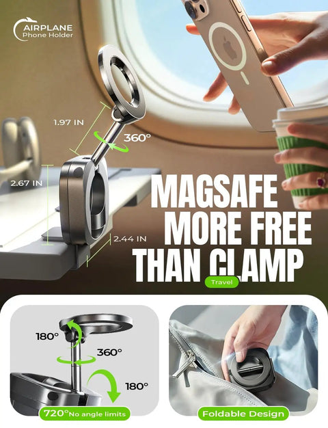 MagSafe Phone Holder for Air Travel mounted on airplane tray table, showing 360° rotation, compact foldable design for iPhone 12-16.