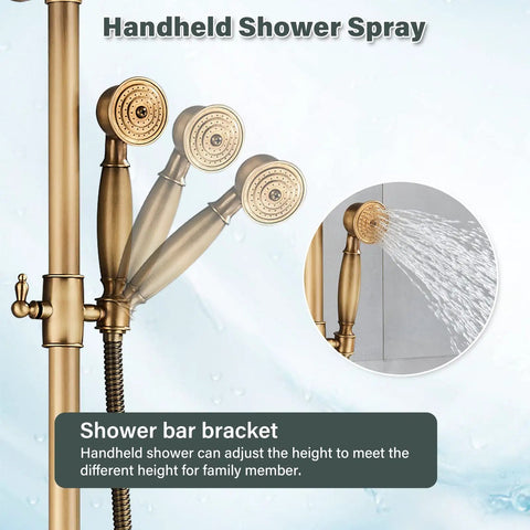 Antique Brass 8 Inch Rain Shower System With Handheld Spray And Dual Knob Mixing Valve showing adjustable hand sprayer