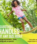 Child enjoying Stand Up TreeSkate Outdoor Swing For Kids With Adjustable Handles And Easy Installation, Weatherproof Backyard Play Equipment That Holds Up To 200 Lbs, Ages 6 Plus, Durable Tree Swing For Fun And Exercise.