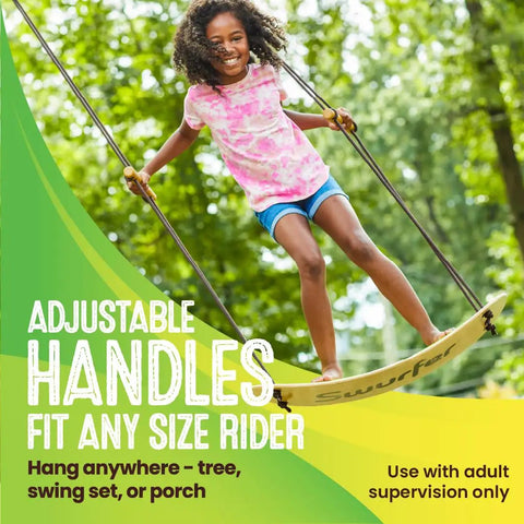 Child enjoying Stand Up TreeSkate Outdoor Swing For Kids With Adjustable Handles And Easy Installation, Weatherproof Backyard Play Equipment That Holds Up To 200 Lbs, Ages 6 Plus, Durable Tree Swing For Fun And Exercise.