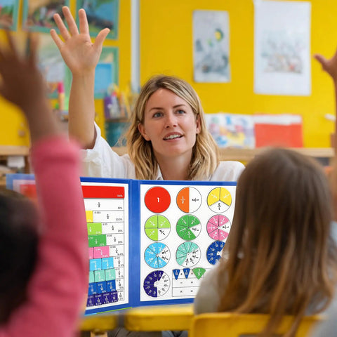 Teacher using Magnetic Fraction Tiles And Circles Set With Dry Erase Board for Visual Math Learning in classroom.