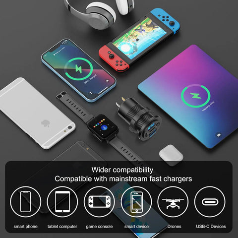 Two Pack 12V USB Car Charger With Four Ports 78W Fast Charge PD3 And QC3 with various electronic devices