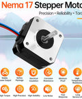 Nema 17 stepper motor, front-angle view; silver faceplate, black housing, protruding shaft and visible wiring.