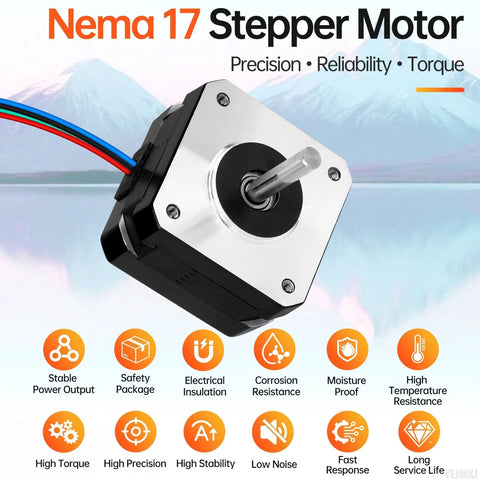 Nema 17 stepper motor, front-angle view; silver faceplate, black housing, protruding shaft and visible wiring.