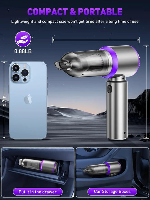 Boss Level 80,000 RPM Vacuum And Air Duster 4 In 1 Handheld Cordless Cleaner size comparison with smartphone and storage examples