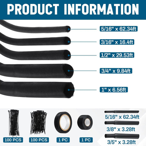 Split Wire Loom Sleeve Master Kit For Vehicles, Pet Chew Protection, showing multiple sleeve diameters, tape, and ties