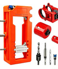 Sharp Door Lock Installation Kit With Heavy Duty Hinge Jig And Precision Hole Saw Template For No Sweat DIY Projects includes orange hinge router template.