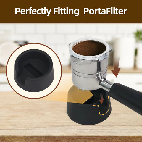 Ninja ES601 Coffee Tamper Base With Portafilter Stand fits ES601 portafilter, shown on wooden countertop with silicone holder.