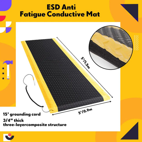 Heavy Duty Anti Fatigue Floor Mat 3x5 Feet With ESD Conductive Pad And Ground Wire, Black With Yellow Border, shown with cord