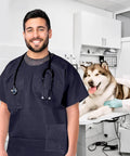Pack Of Ten Dark Blue Disposable Scrub Shirts Unisex Adult Large Lightweight Spunbond Polypropylene Short Sleeve Top With Double Chest Pockets Hospital Crew in a clinical setting.