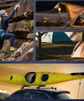 Collage of outdoor activities: rock climber on cliff, camping tents by night, kayak on car roof for adventure travel.