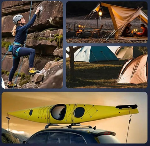 Collage of outdoor activities: rock climber on cliff, camping tents by night, kayak on car roof for adventure travel.
