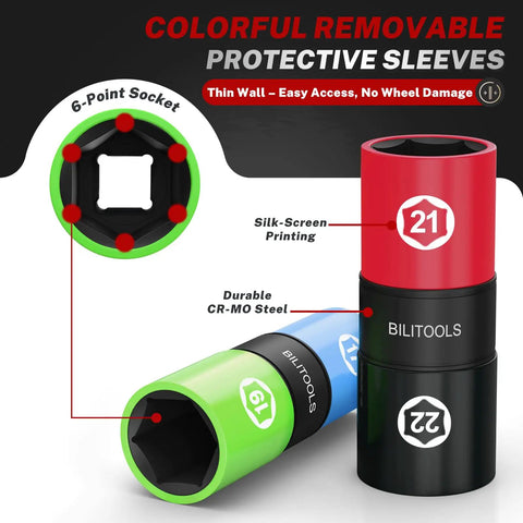 Flip Lug Nut Socket Set 1/2 Inch Thin Wall Impact Sockets for Fast Tire Changes with colorful protective sleeves